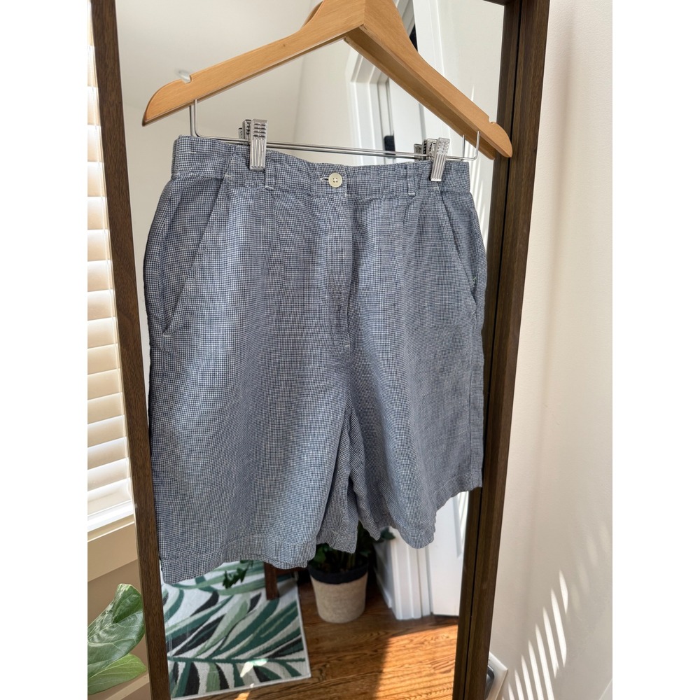 Talbots Irish Linen Shorts Houndstooth High Waist Blue Size 8 EUC 7"  Bermuda‎